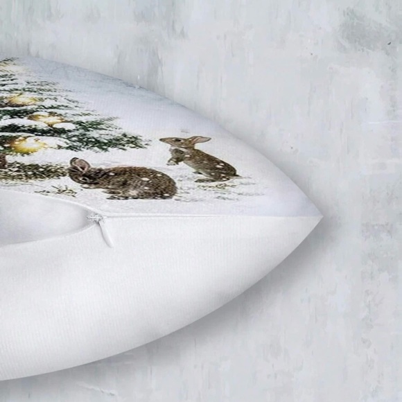 Christmas Tree & 3 Rabbits Holiday Scene White Pillow Cover - Picture 2 of 3